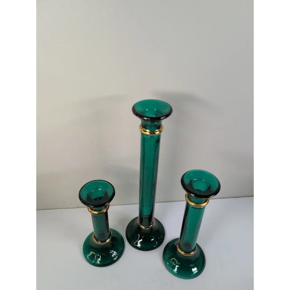 Pier One Set Of Green Glass Candlestick Holders / Bud Vases